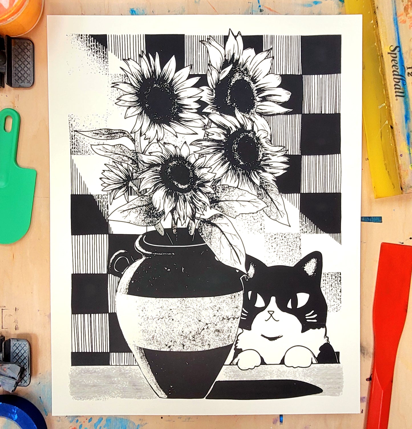 Sunflower Cat Screen Printed Poster