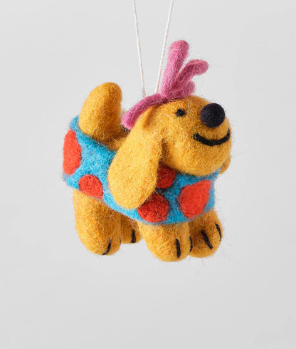 Fifi, Wrapped Dog With Pink Bow - Felt Ornament