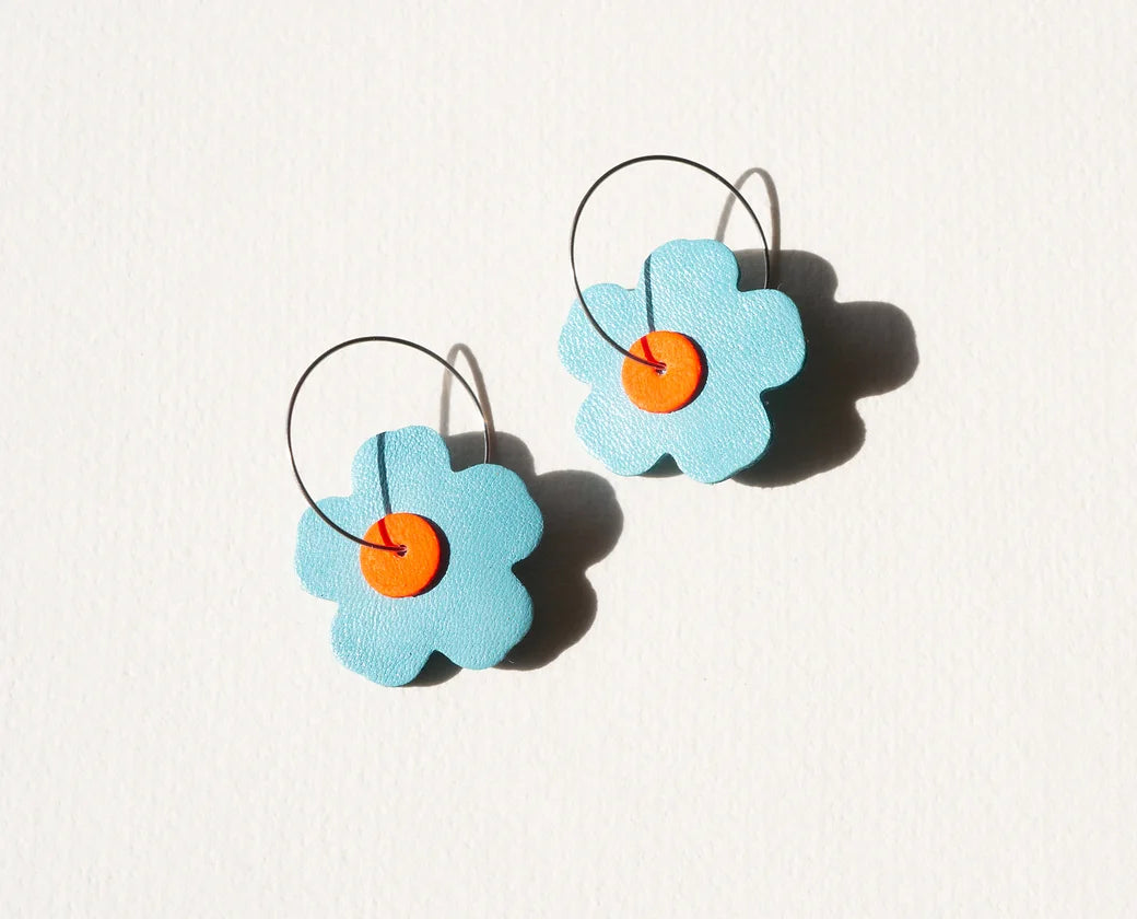 Zinnia Hoops in Blue + Neon Orange