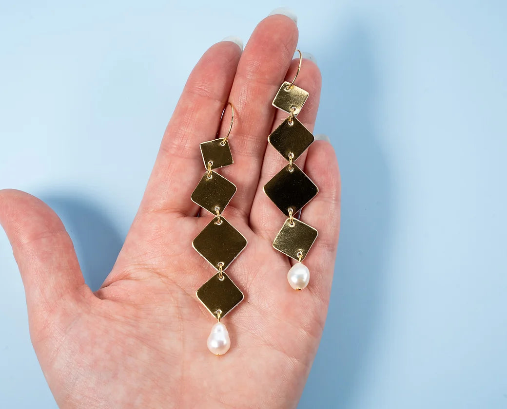 Trailing Diamonds Earrings in Shiny Metallic Gold Leather